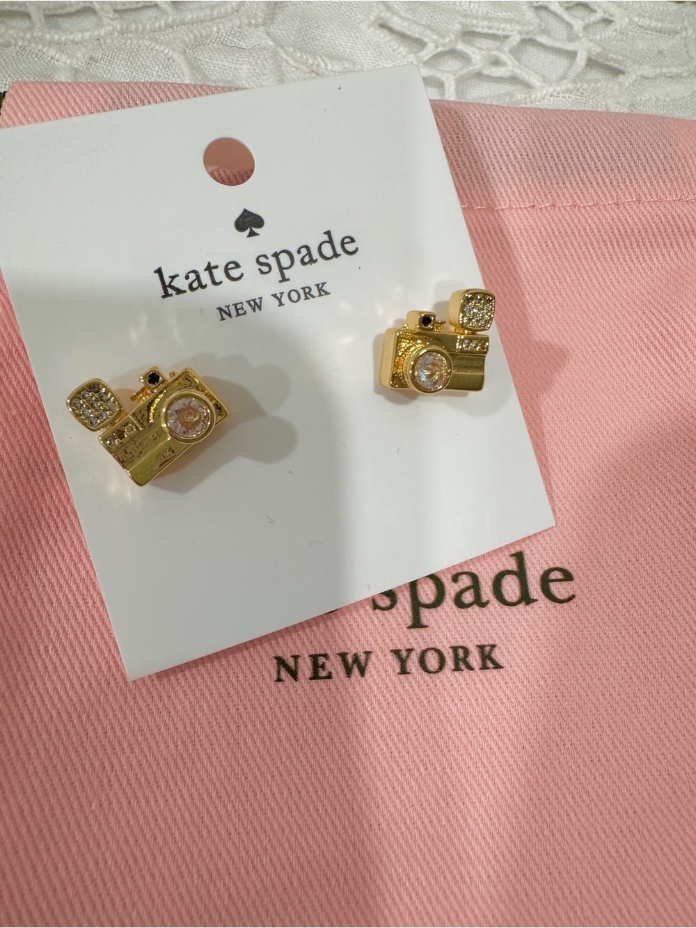 kate spade Gold Camera Stud Earrings with Pink Crystal Accent